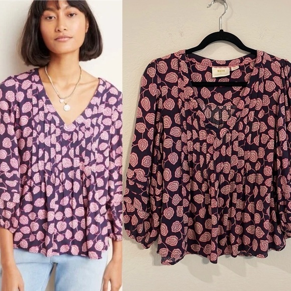 Anthropologie Maeve Women Tunic Top Small Cathy Purple Floral Cottagecore Boho - Picture 1 of 17